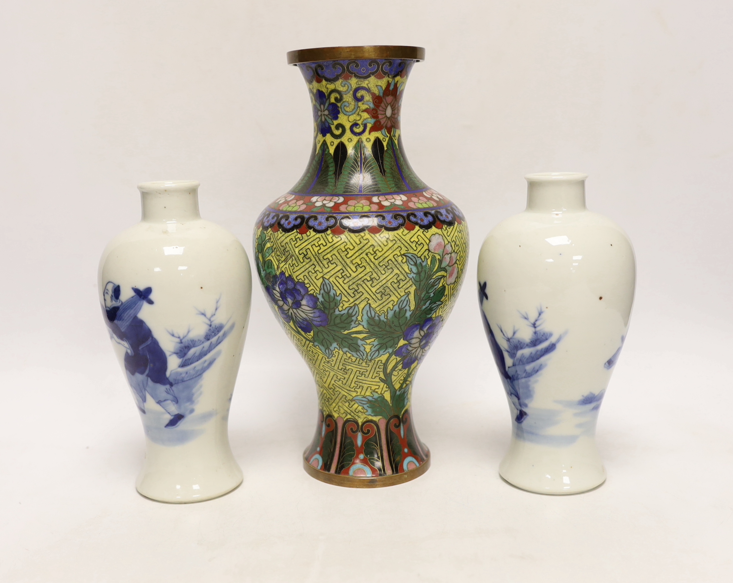 A pair of Chinese blue and white vases, c.1900 and a Chinese cloisonné enamel vase, largest 24cm high